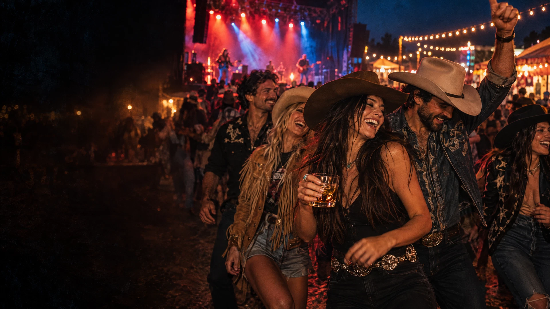 Adult friends in western festival style celebrating with bourbon at an outdoor Texas concert