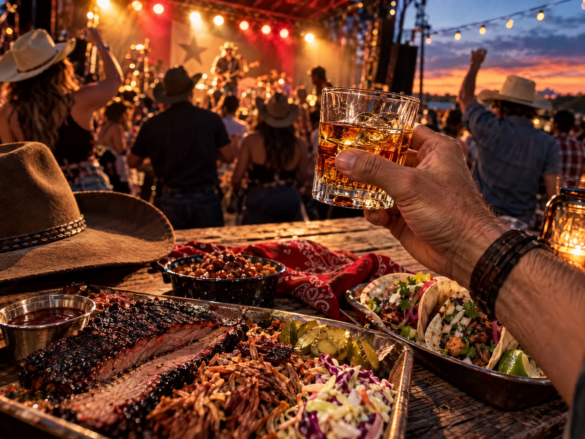 A bourbon glass, Texas barbecue, tacos, and adult festival guests enjoying an outdoor concert