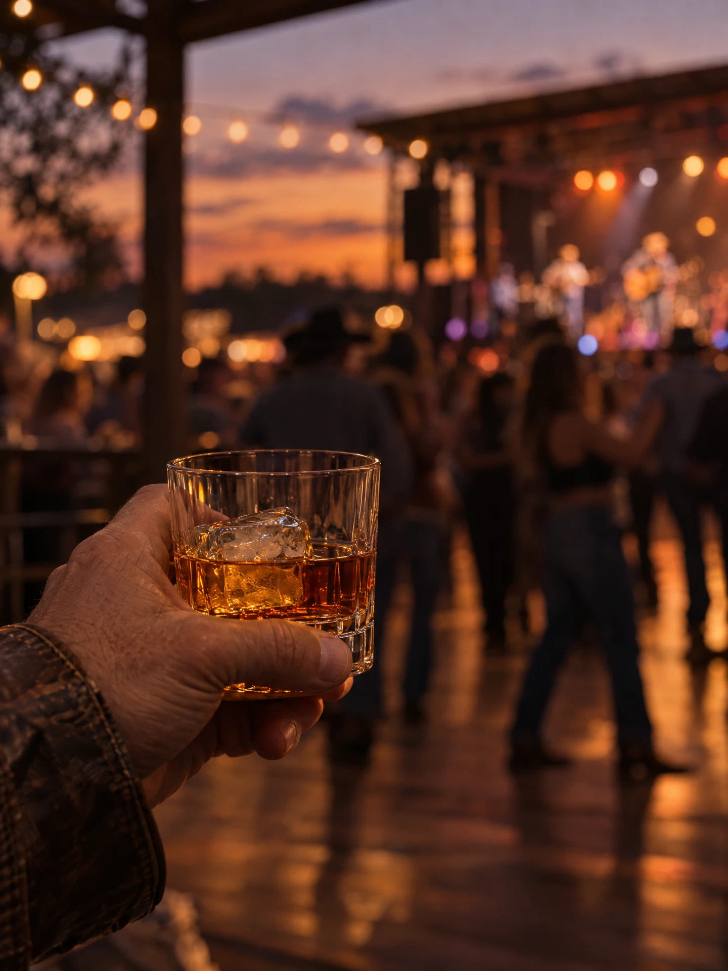 A lowball of bourbon at an outdoor Texas music festival